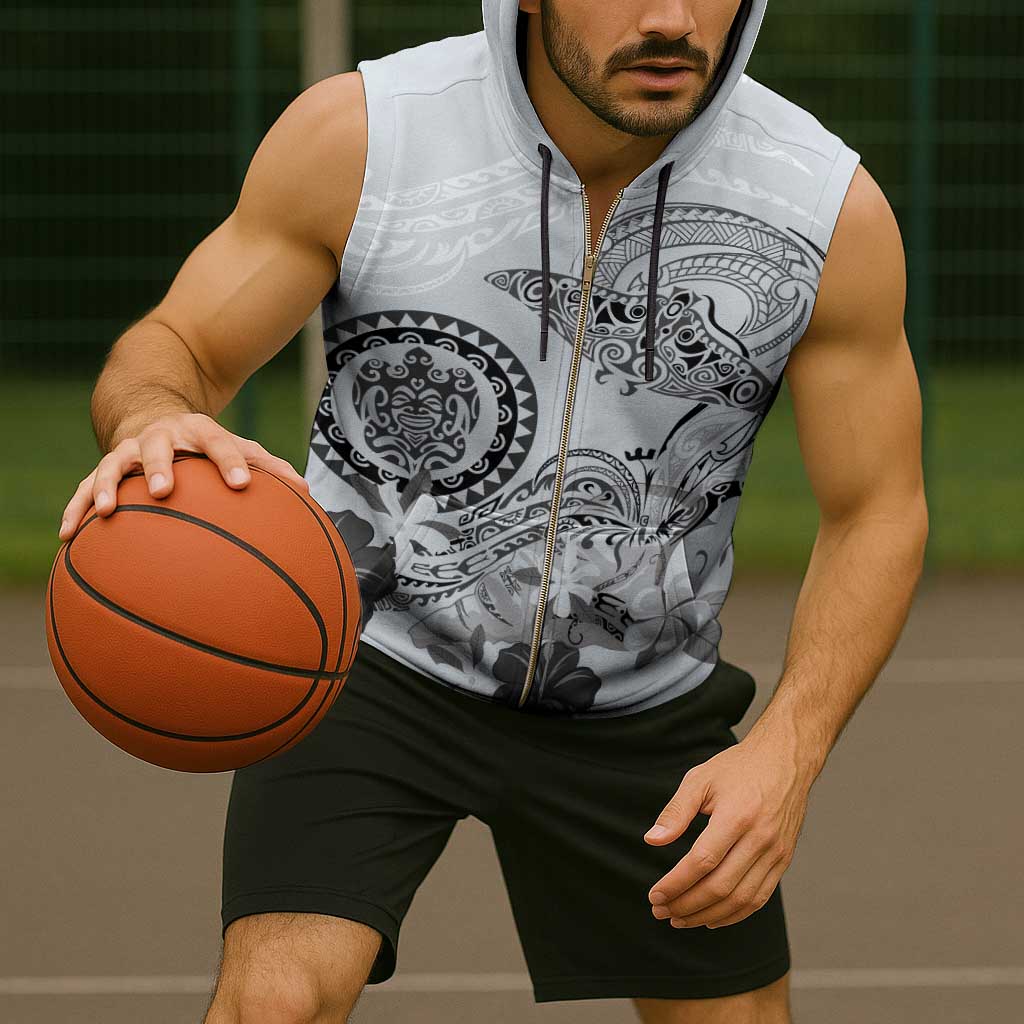 Polynesian Manta Ray Sleeveless Zip Hoodie Gray Floral Turtle Tattoo - Polynesian Pride