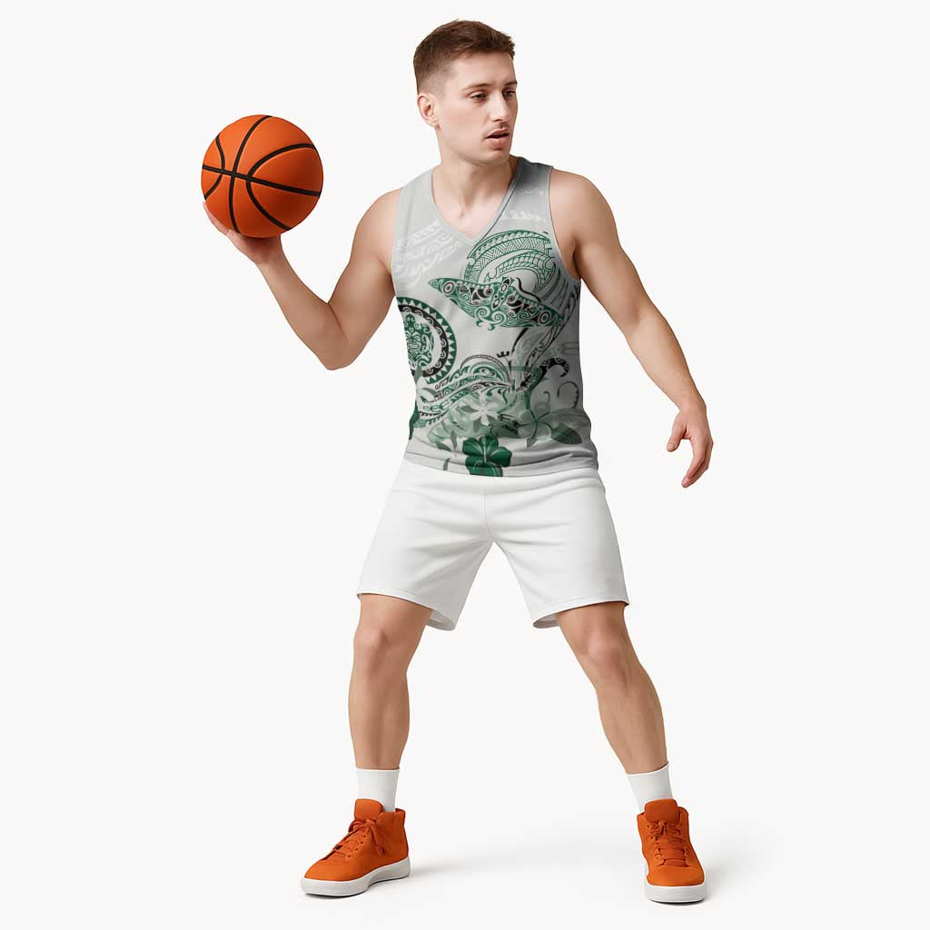 Polynesian Manta Ray Basketball Jersey Green Floral Turtle Tattoo - Polynesian Pride