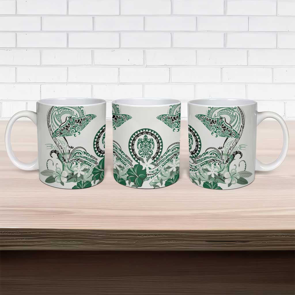 Polynesian Manta Ray Ceramic Mug Green Floral Turtle Tattoo - Polynesian Pride