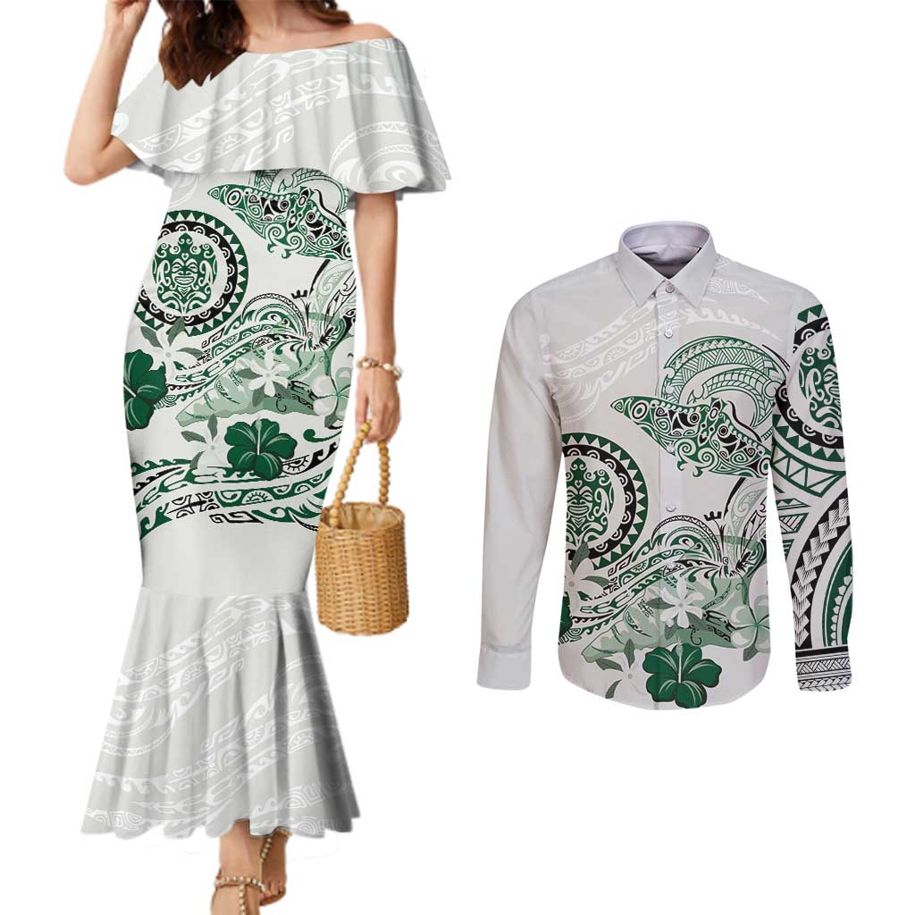 Polynesian Manta Ray Couples Matching Mermaid Dress and Long Sleeve Button Shirt Green Floral Turtle Tattoo - Polynesian Pride