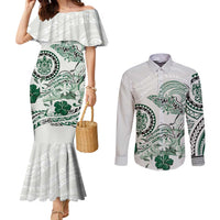 Polynesian Manta Ray Couples Matching Mermaid Dress and Long Sleeve Button Shirt Green Floral Turtle Tattoo - Polynesian Pride