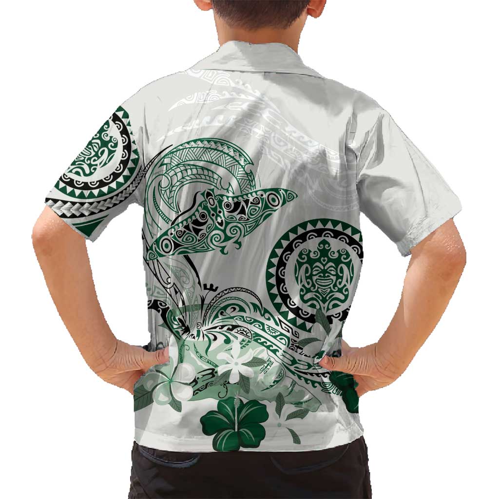 Polynesian Manta Ray Family Matching Long Sleeve Bodycon Dress and Hawaiian Shirt Green Floral Turtle Tattoo LT9 - Polynesian Pride