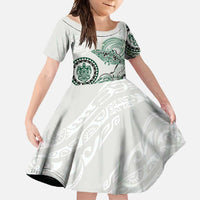 Polynesian Manta Ray Family Matching Long Sleeve Bodycon Dress and Hawaiian Shirt Green Floral Turtle Tattoo LT9 Daughter's Dress Green - Polynesian Pride