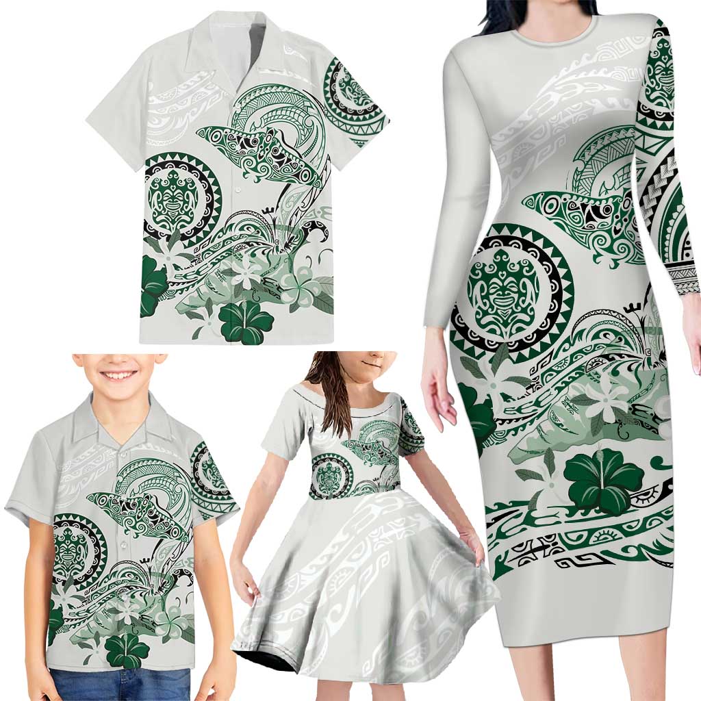 Polynesian Manta Ray Family Matching Long Sleeve Bodycon Dress and Hawaiian Shirt Green Floral Turtle Tattoo LT9 - Polynesian Pride