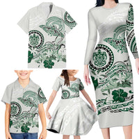 Polynesian Manta Ray Family Matching Long Sleeve Bodycon Dress and Hawaiian Shirt Green Floral Turtle Tattoo LT9 - Polynesian Pride