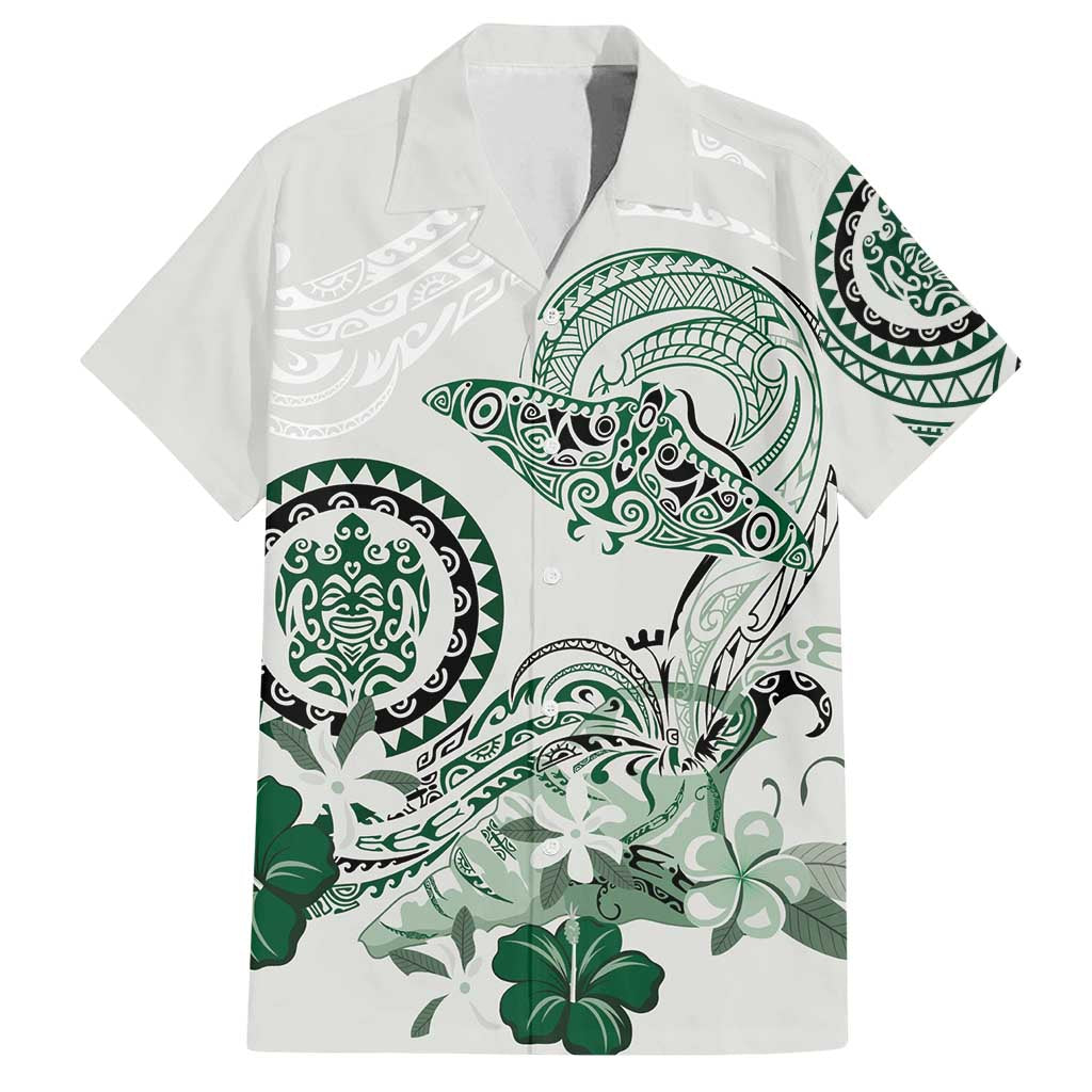 Polynesian Manta Ray Family Matching Long Sleeve Bodycon Dress and Hawaiian Shirt Green Floral Turtle Tattoo LT9 Dad's Shirt - Short Sleeve Green - Polynesian Pride