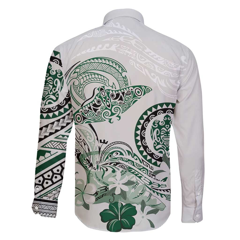 Polynesian Manta Ray Family Matching Long Sleeve Bodycon Dress and Hawaiian Shirt Green Floral Turtle Tattoo LT9 - Polynesian Pride