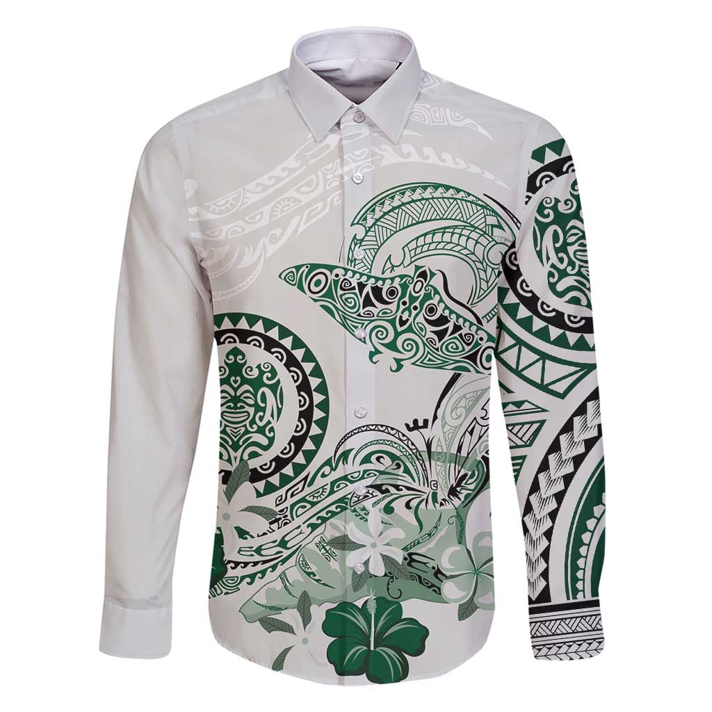 Polynesian Manta Ray Family Matching Off Shoulder Short Dress and Hawaiian Shirt Green Floral Turtle Tattoo - Polynesian Pride