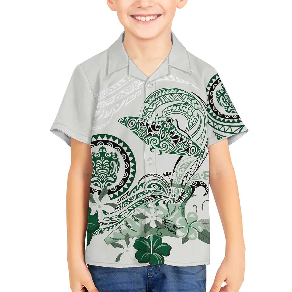 Polynesian Manta Ray Family Matching Off Shoulder Short Dress and Hawaiian Shirt Green Floral Turtle Tattoo - Polynesian Pride