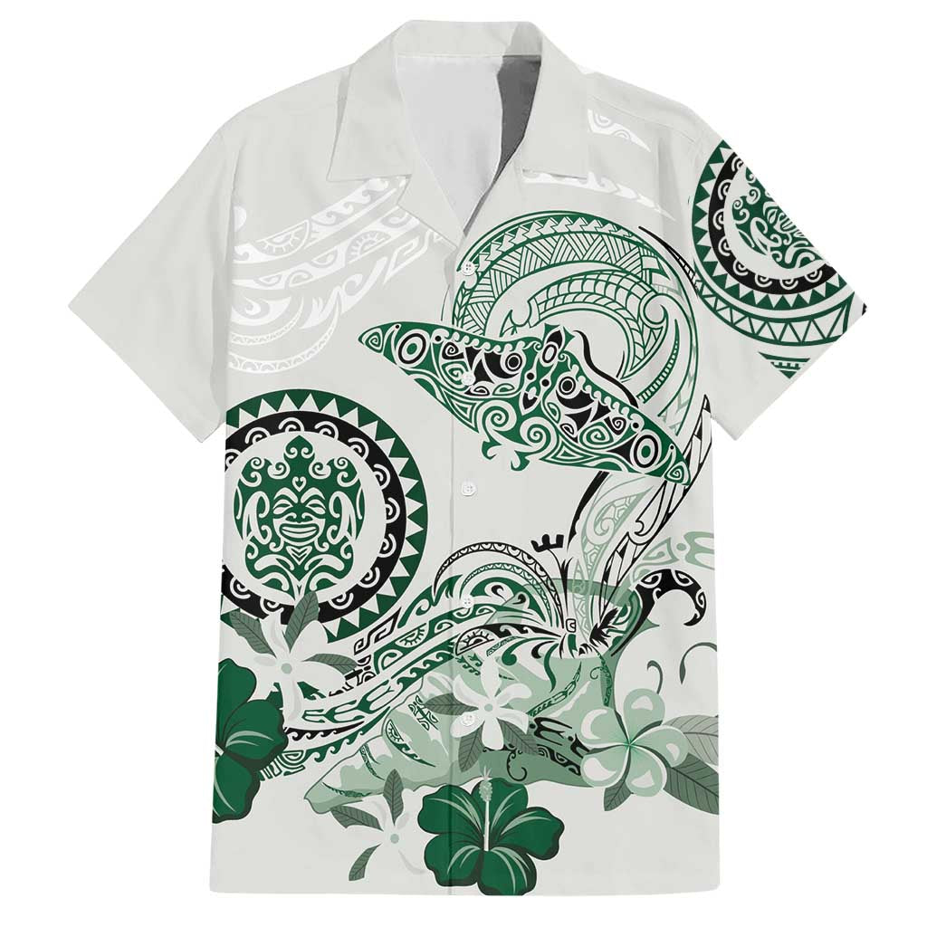 Polynesian Manta Ray Family Matching Short Sleeve Bodycon Dress and Hawaiian Shirt Green Floral Turtle Tattoo LT9 Dad's Shirt - Short Sleeve Green - Polynesian Pride
