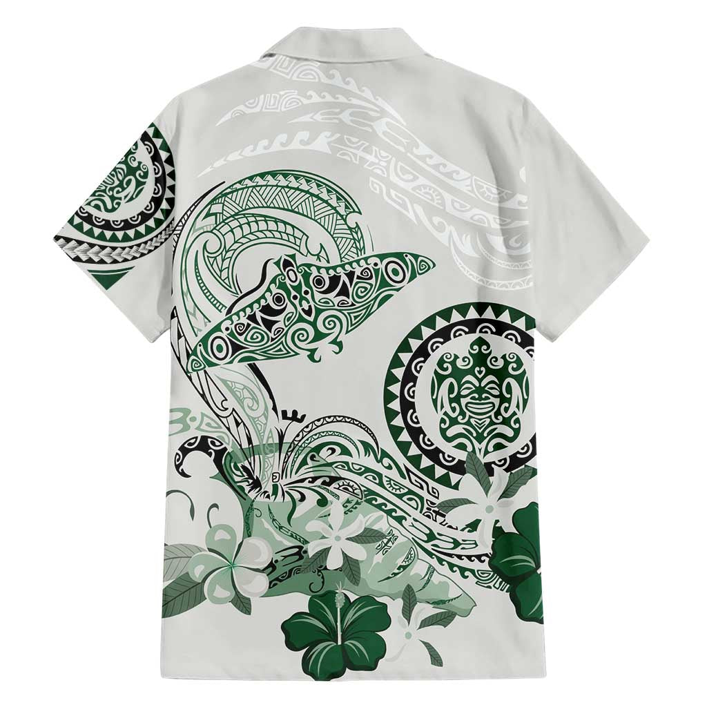 Polynesian Manta Ray Family Matching Short Sleeve Bodycon Dress and Hawaiian Shirt Green Floral Turtle Tattoo LT9 - Polynesian Pride