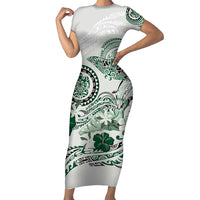 Polynesian Manta Ray Family Matching Short Sleeve Bodycon Dress and Hawaiian Shirt Green Floral Turtle Tattoo LT9 Mom's Dress Green - Polynesian Pride