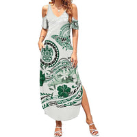 Polynesian Manta Ray Family Matching Summer Maxi Dress and Hawaiian Shirt Green Floral Turtle Tattoo - Polynesian Pride
