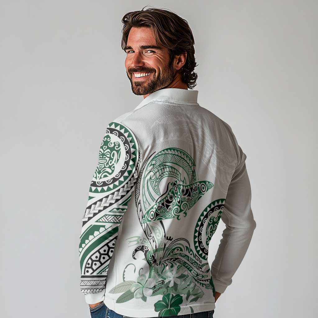 Polynesian Manta Ray Long Sleeve Polo Shirt Green Floral Turtle Tattoo - Polynesian Pride