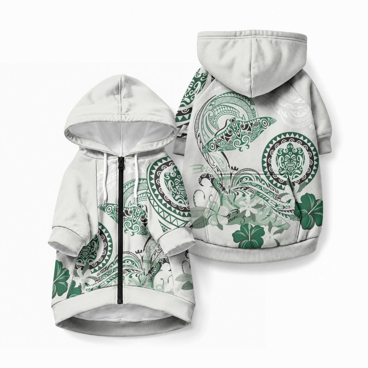 Polynesian Manta Ray Pet Hoodie Green Floral Turtle Tattoo LT9 Zip-up Green - Polynesian Pride