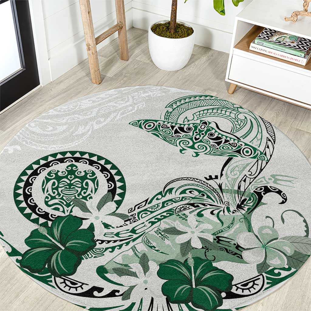 Polynesian Manta Ray Round Carpet Green Floral Turtle Tattoo - Polynesian Pride