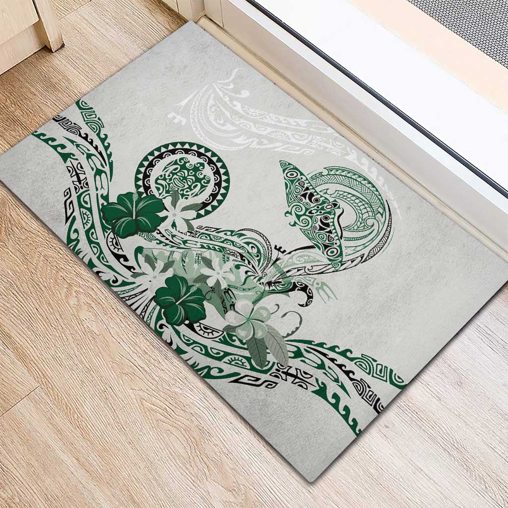 Polynesian Manta Ray Rubber Doormat Green Floral Turtle Tattoo - Polynesian Pride