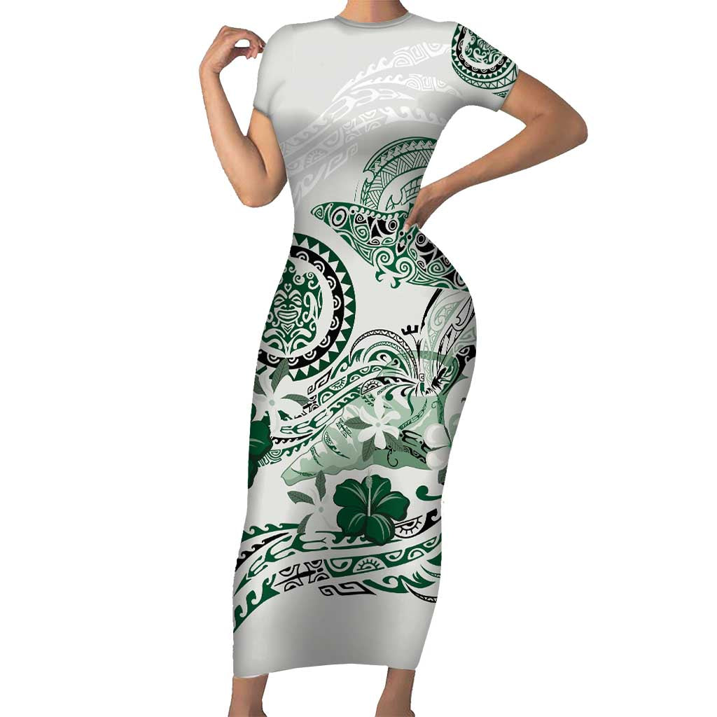 Polynesian Manta Ray Short Sleeve Bodycon Dress Green Floral Turtle Tattoo - Polynesian Pride