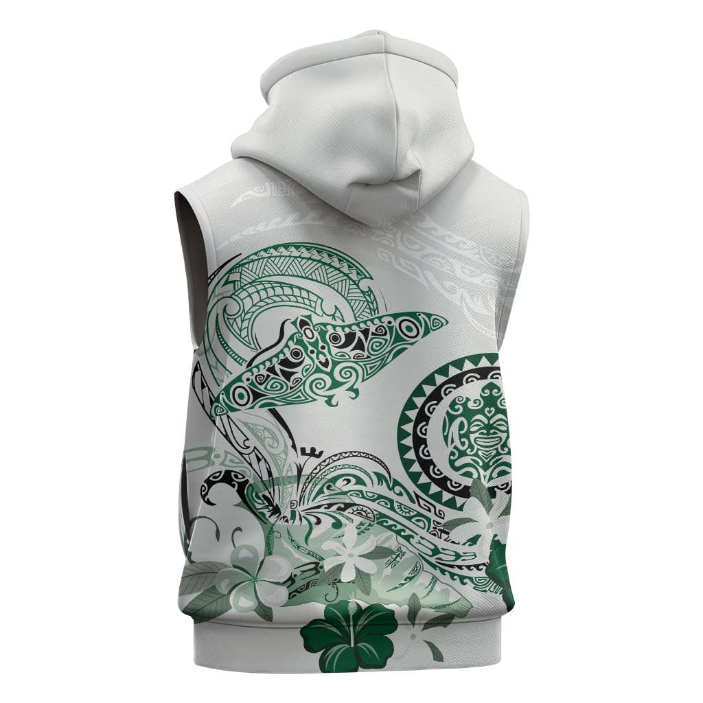 Polynesian Manta Ray Sleeveless Zip Hoodie Green Floral Turtle Tattoo - Polynesian Pride