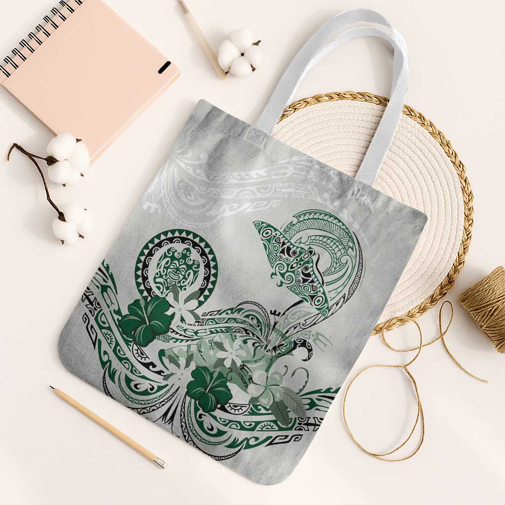 Polynesian Manta Ray Tote Bag Green Floral Turtle Tattoo - Polynesian Pride