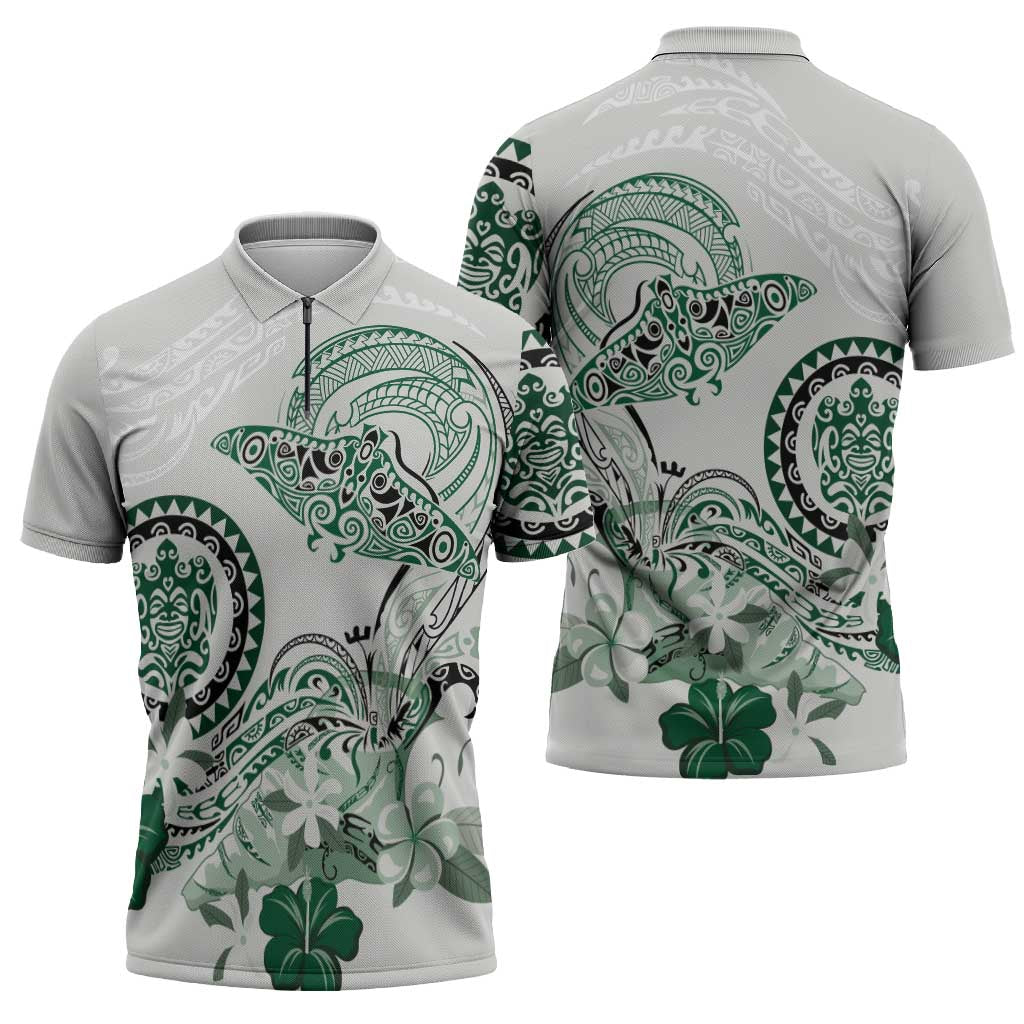 Polynesian Manta Ray Zipper Polo Shirt Green Floral Turtle Tattoo - Polynesian Pride