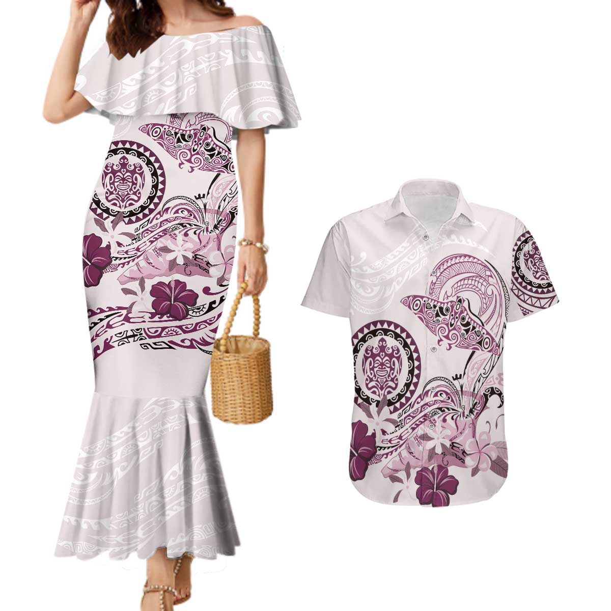 Polynesian Manta Ray Couples Matching Mermaid Dress and Hawaiian Shirt Pink Floral Turtle Tattoo - Polynesian Pride