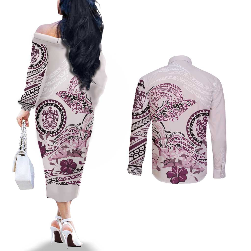 Polynesian Manta Ray Couples Matching Off The Shoulder Long Sleeve Dress and Long Sleeve Button Shirt Pink Floral Turtle Tattoo - Polynesian Pride