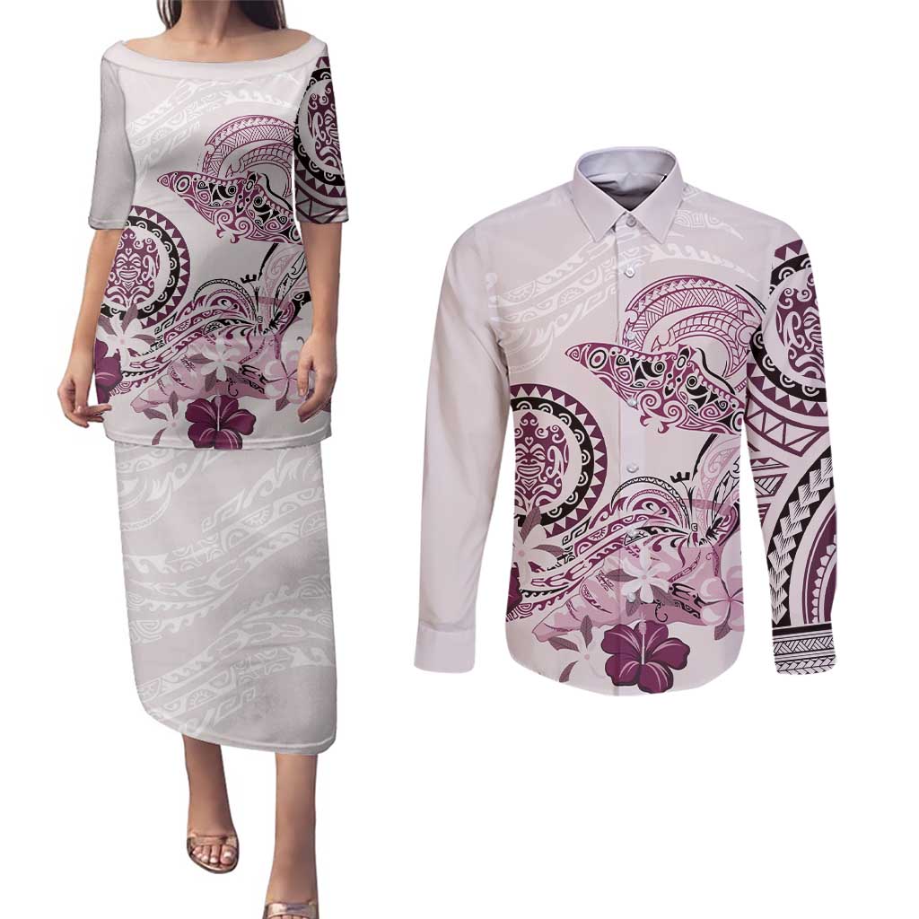 Polynesian Manta Ray Couples Matching Puletasi and Long Sleeve Button Shirt Pink Floral Turtle Tattoo - Polynesian Pride