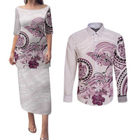 Polynesian Manta Ray Couples Matching Puletasi and Long Sleeve Button Shirt Pink Floral Turtle Tattoo - Polynesian Pride