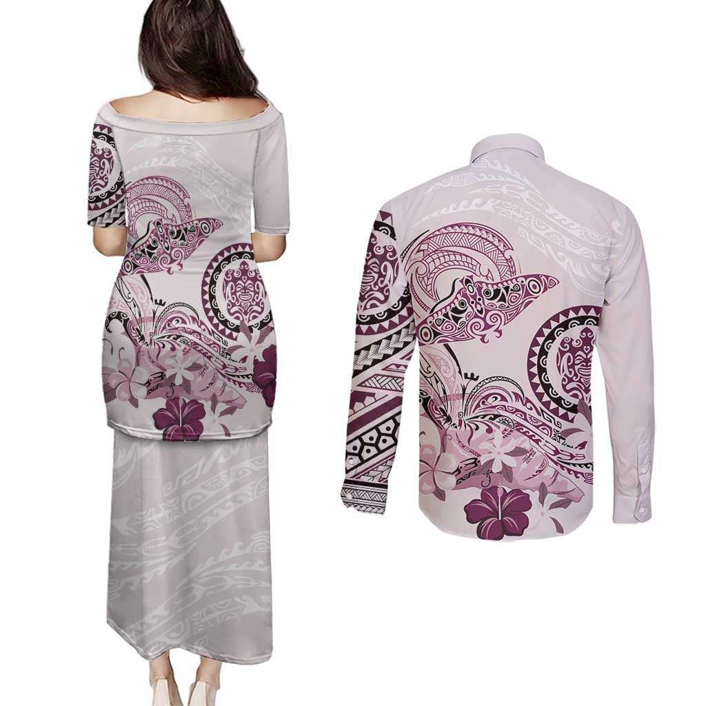 Polynesian Manta Ray Couples Matching Puletasi and Long Sleeve Button Shirt Pink Floral Turtle Tattoo - Polynesian Pride