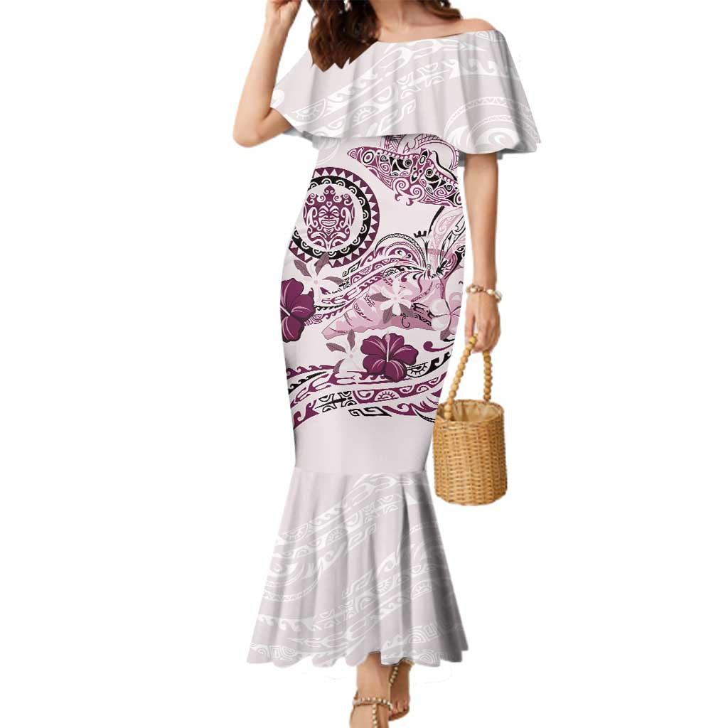 Polynesian Manta Ray Family Matching Mermaid Dress and Hawaiian Shirt Pink Floral Turtle Tattoo LT9 Mom's Dress Pink - Polynesian Pride