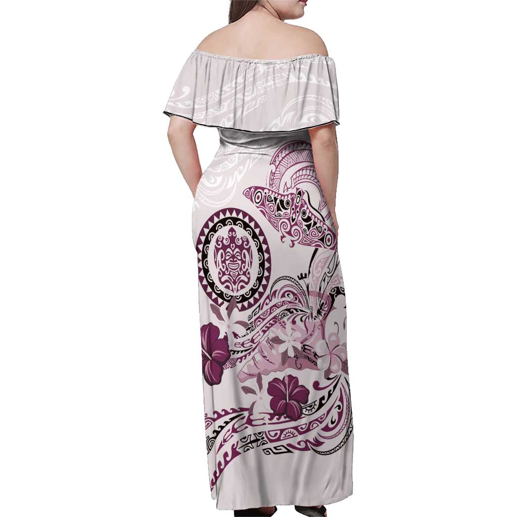 Polynesian Manta Ray Family Matching Off Shoulder Maxi Dress and Hawaiian Shirt Pink Floral Turtle Tattoo - Polynesian Pride