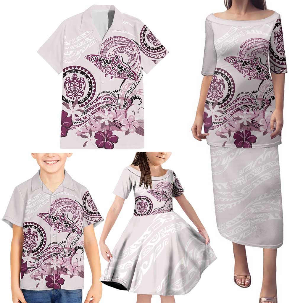 Polynesian Manta Ray Family Matching Puletasi and Hawaiian Shirt Pink Floral Turtle Tattoo - Polynesian Pride