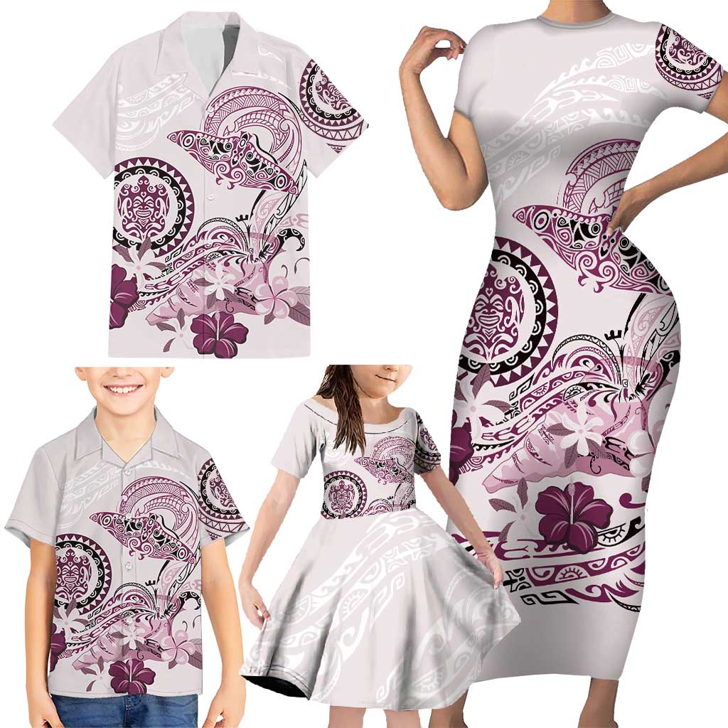 Polynesian Manta Ray Family Matching Short Sleeve Bodycon Dress and Hawaiian Shirt Pink Floral Turtle Tattoo LT9 - Polynesian Pride