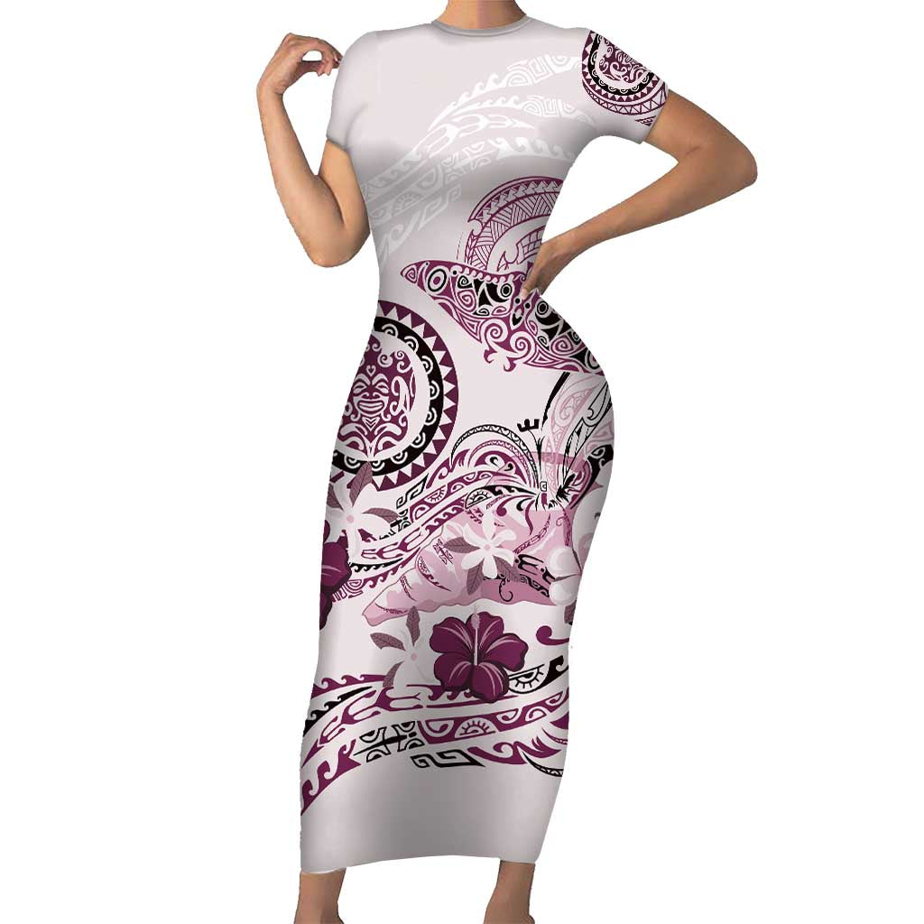 Polynesian Manta Ray Family Matching Short Sleeve Bodycon Dress and Hawaiian Shirt Pink Floral Turtle Tattoo LT9 Mom's Dress Pink - Polynesian Pride