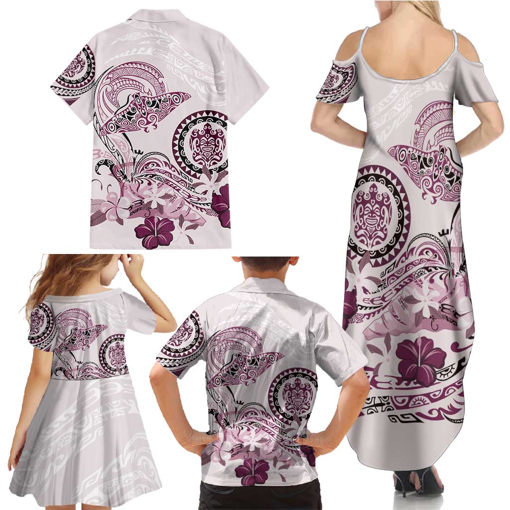 Polynesian Manta Ray Family Matching Summer Maxi Dress and Hawaiian Shirt Pink Floral Turtle Tattoo - Polynesian Pride