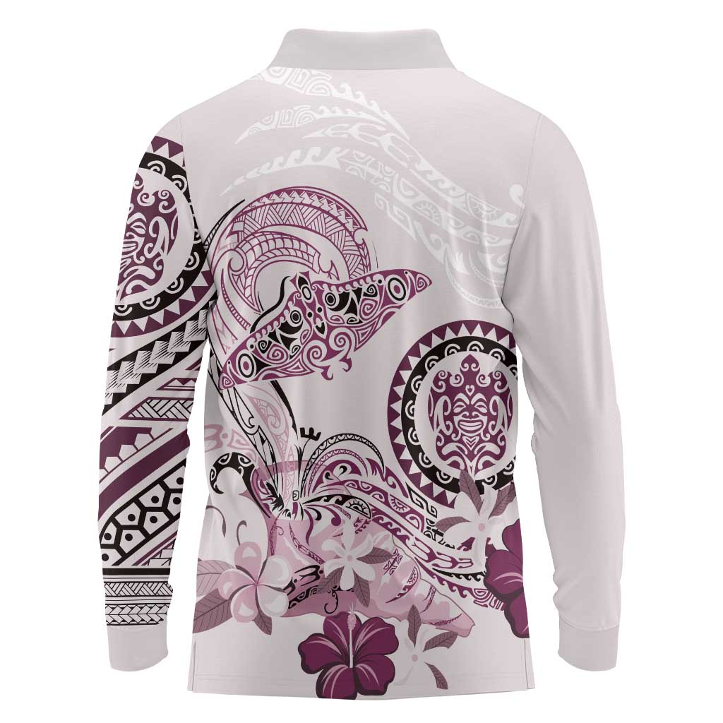 Polynesian Manta Ray Long Sleeve Polo Shirt Pink Floral Turtle Tattoo - Polynesian Pride