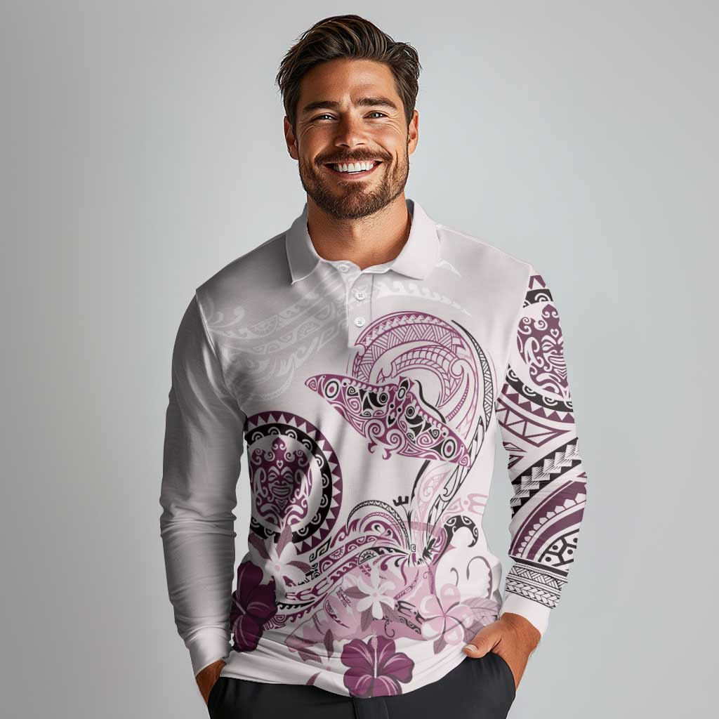Polynesian Manta Ray Long Sleeve Polo Shirt Pink Floral Turtle Tattoo - Polynesian Pride