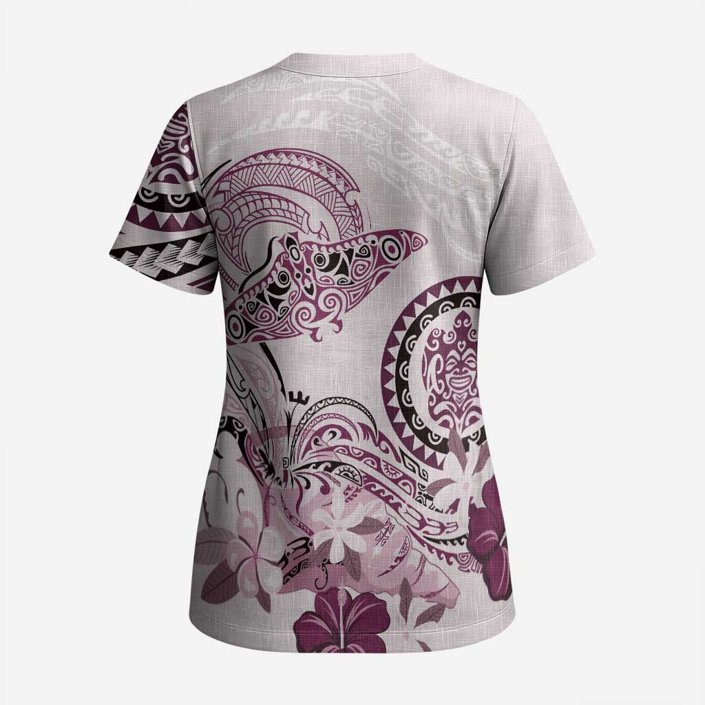 Polynesian Manta Ray Scrub Top Pink Floral Turtle Tattoo - Polynesian Pride