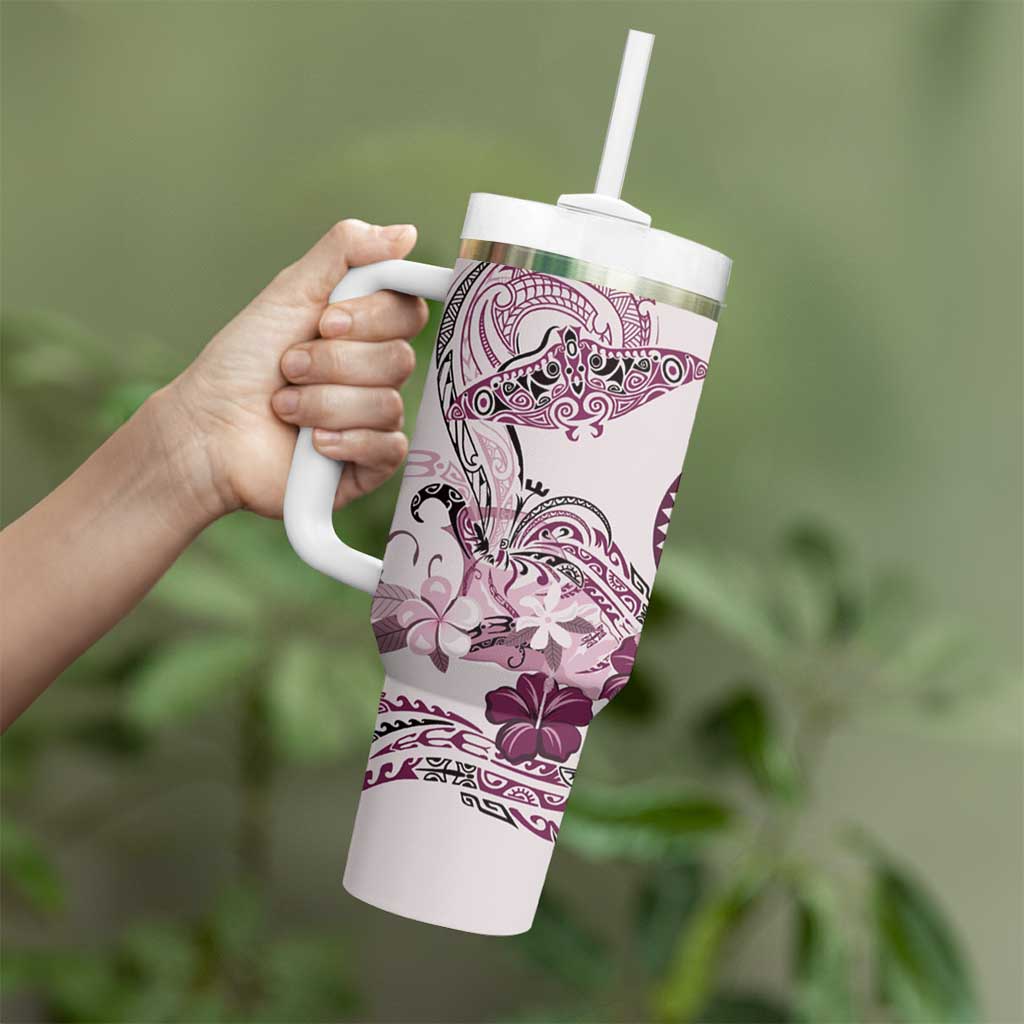 Polynesian Manta Ray Tumbler With Handle Pink Floral Turtle Tattoo - Polynesian Pride