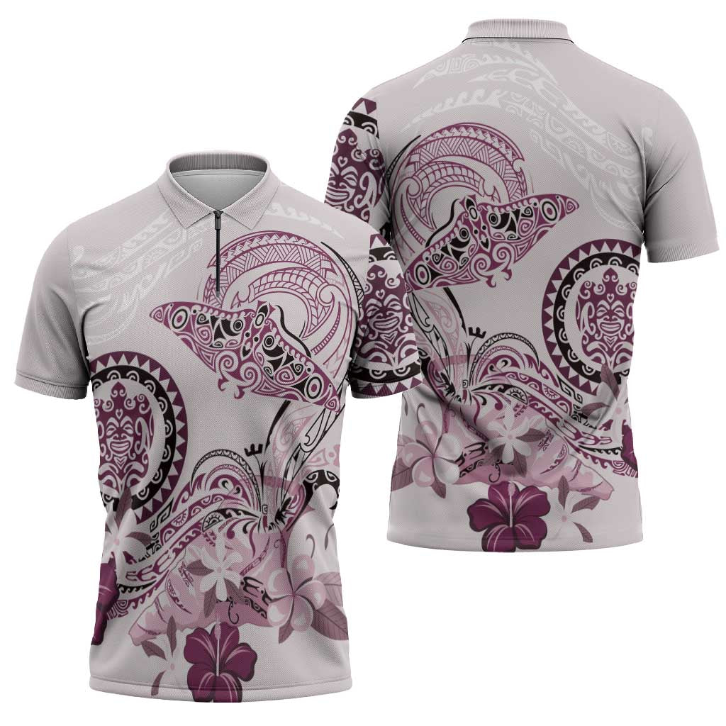 Polynesian Manta Ray Zipper Polo Shirt Pink Floral Turtle Tattoo - Polynesian Pride