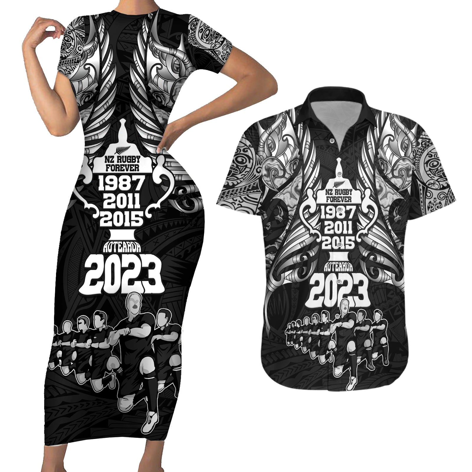 Custom New Zealand Rugby Couples Matching Short Sleeve Bodycon Dress and Hawaiian Shirt Black Haka Dance With NZ Champions History LT9 Black - Polynesian Pride