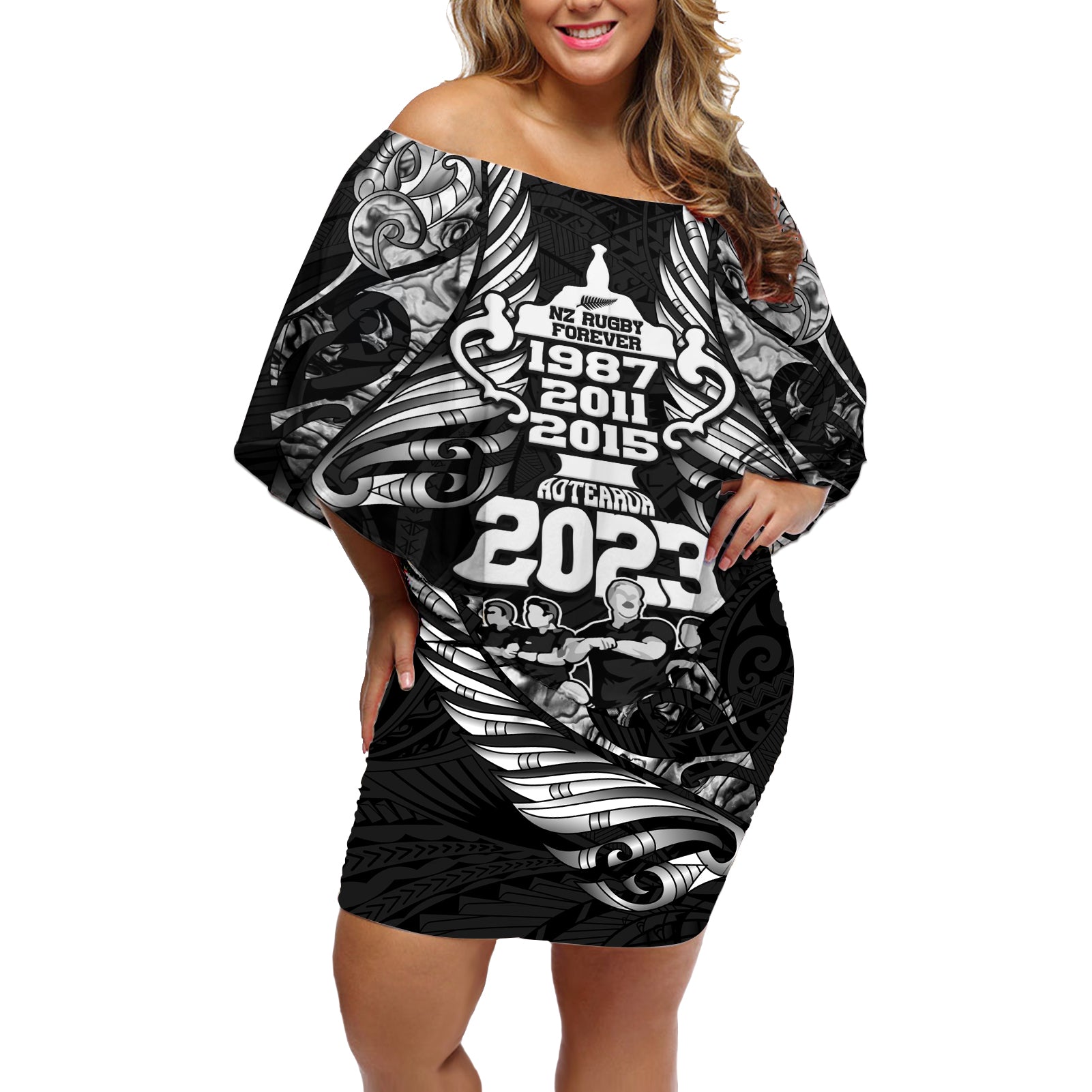 Custom New Zealand Rugby Off Shoulder Short Dress Black Haka Dance With NZ Champions History LT9 Women Black - Polynesian Pride