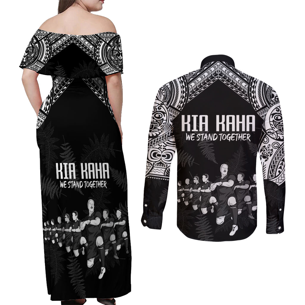 NZ Rugby Couples Matching Off Shoulder Maxi Dress and Long Sleeve Button Shirt Kapa Opango Maori Haka With Years of The All Black Champions LT9 - Polynesian Pride