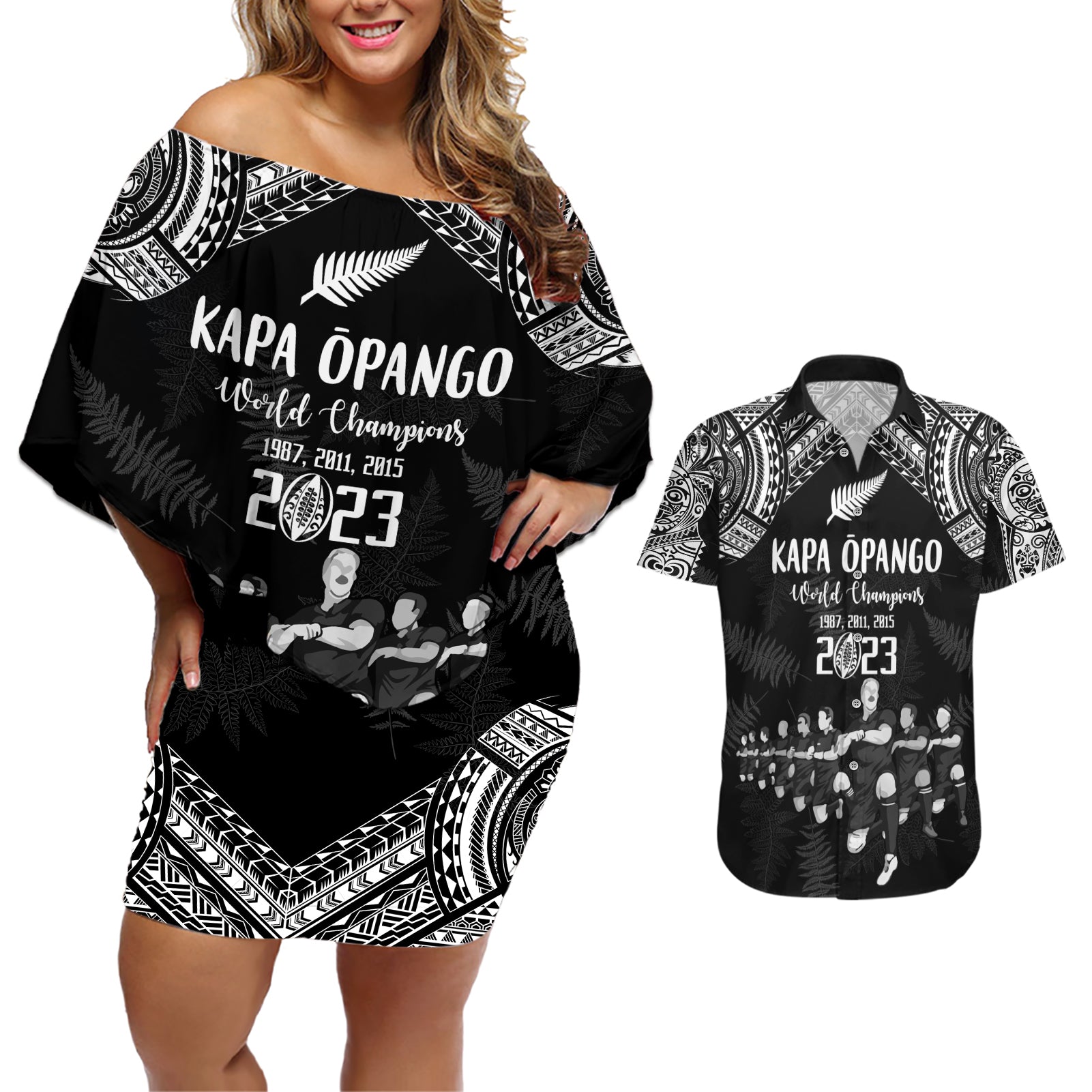 NZ Rugby Couples Matching Off Shoulder Short Dress and Hawaiian Shirt Kapa Opango Maori Haka With Years of The All Black Champions LT9 Black - Polynesian Pride