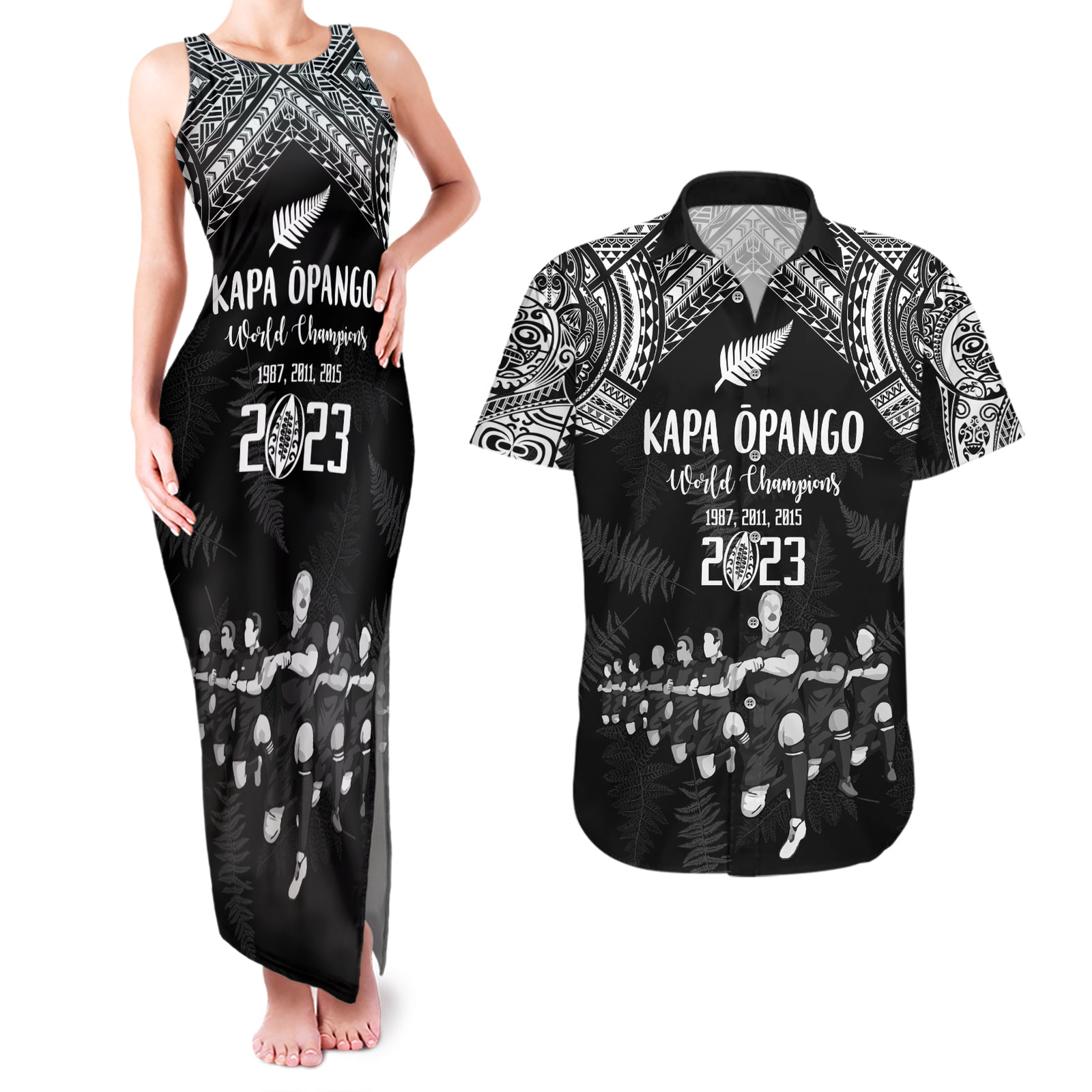 NZ Rugby Couples Matching Tank Maxi Dress and Hawaiian Shirt Kapa Opango Maori Haka With Years of The All Black Champions LT9 Black - Polynesian Pride