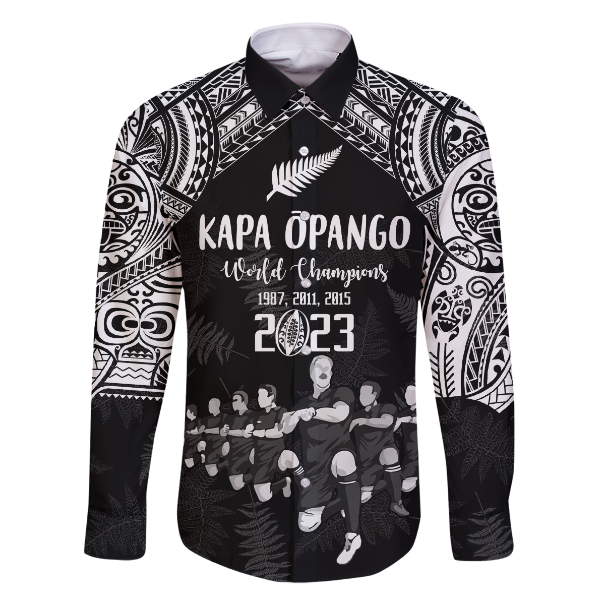 NZ Rugby Family Matching Off Shoulder Maxi Dress and Hawaiian Shirt Kapa Opango Maori Haka With Years of The All Black Champions LT9 Dad's Shirt - Long Sleeve Black - Polynesian Pride