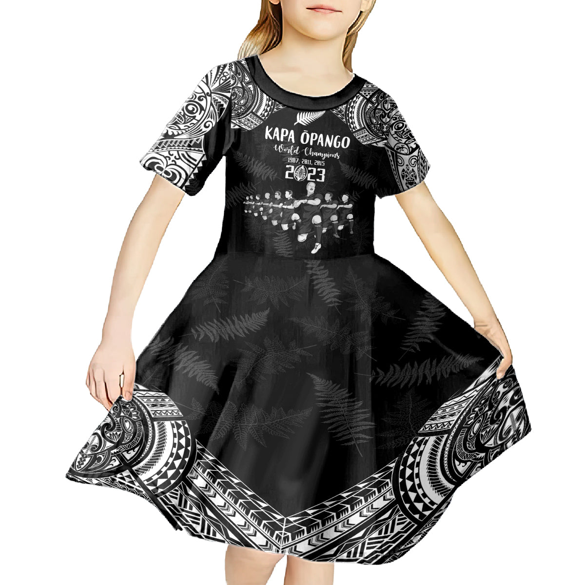 NZ Rugby Kid Short Sleeve Dress Kapa Opango Maori Haka With Years of The All Black Champions LT9 - Polynesian Pride