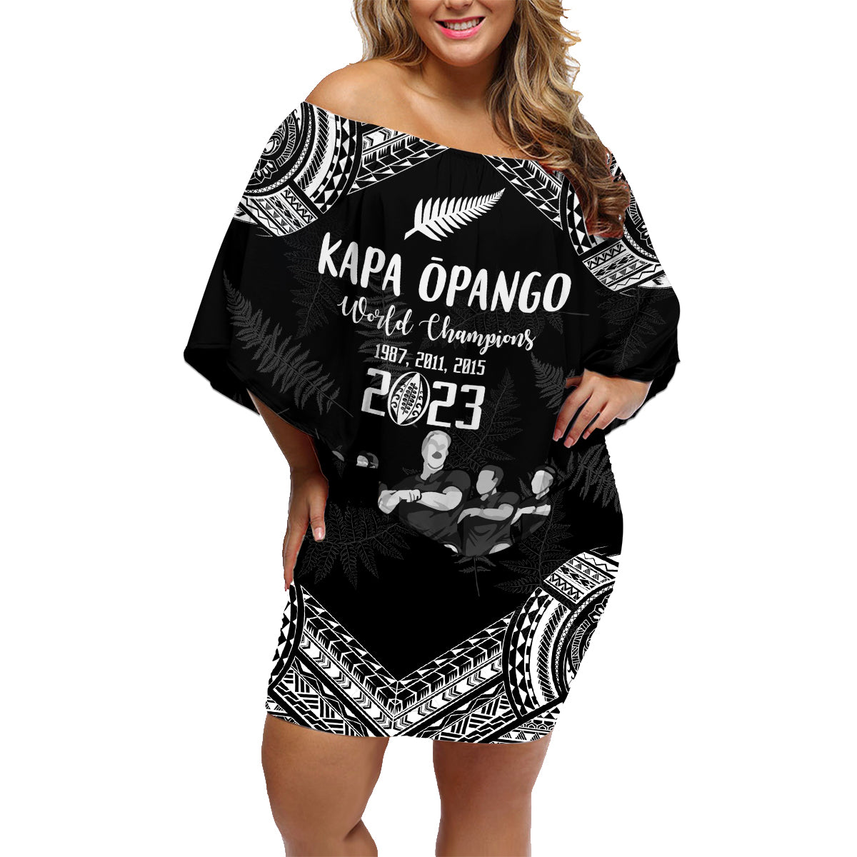 Custom NZ Rugby Family Matching Off Shoulder Short Dress and Hawaiian Shirt Kapa Opango Maori Haka With Years of The All Black Champions LT9 Mom's Dress Black - Polynesian Pride