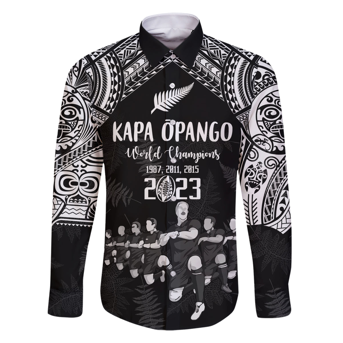 Custom NZ Rugby Family Matching Short Sleeve Bodycon Dress and Hawaiian Shirt Kapa Opango Maori Haka With Years of The All Black Champions LT9 Dad's Shirt - Long Sleeve Black - Polynesian Pride